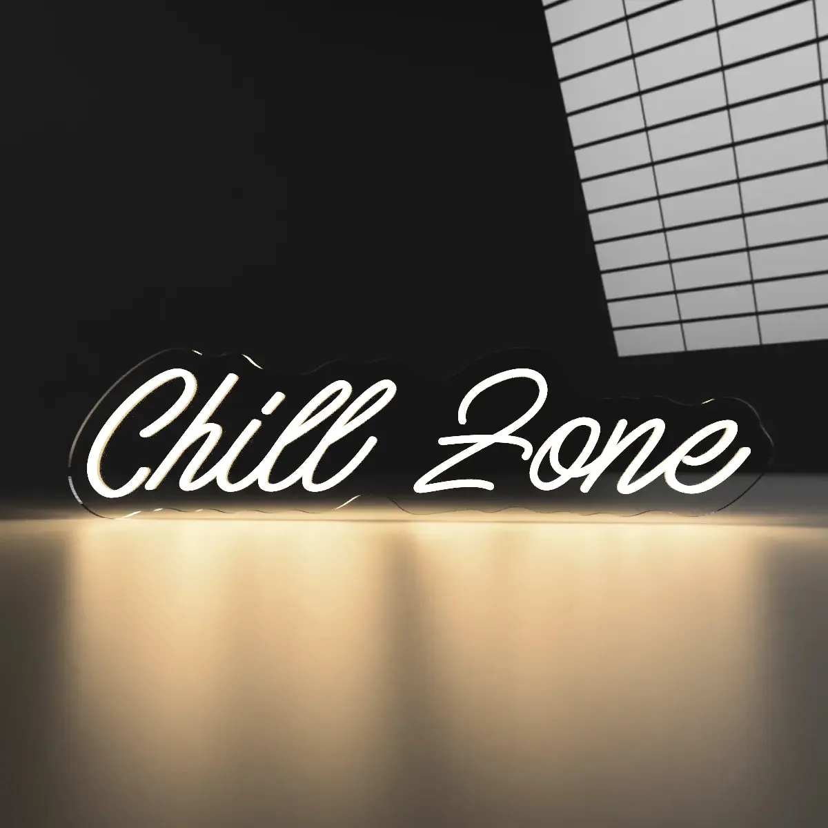 Chill Zone Semn neon LED Chill Zone in alb cald, scris cursiv, vedere din fata