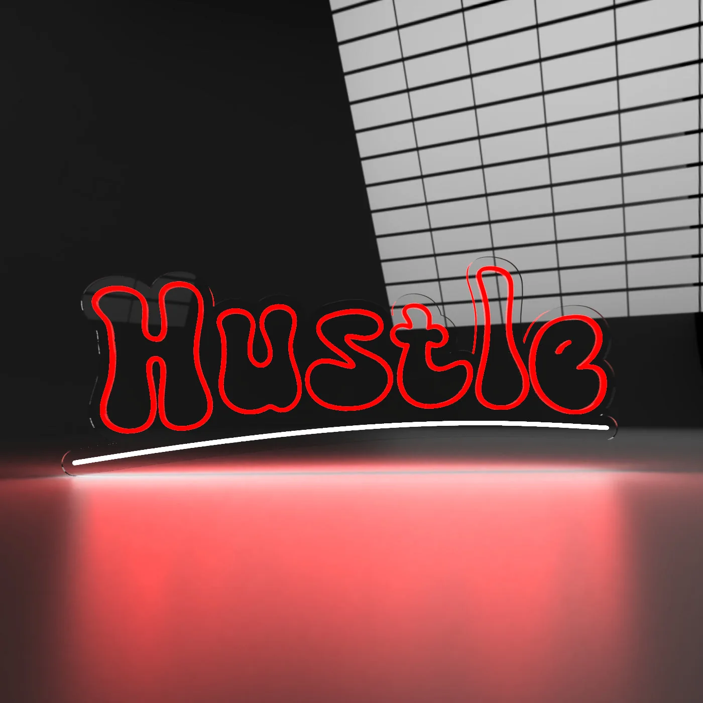 Hustle rosu Semn neon LED Hustle in rosu, cu lumina reflectata pe suprafata de sub el