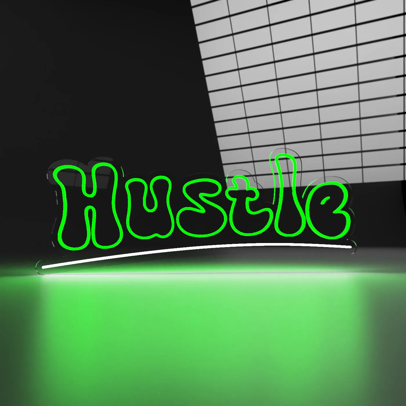 Hustle verde Semn neon LED Hustle in verde, scris ingrosat