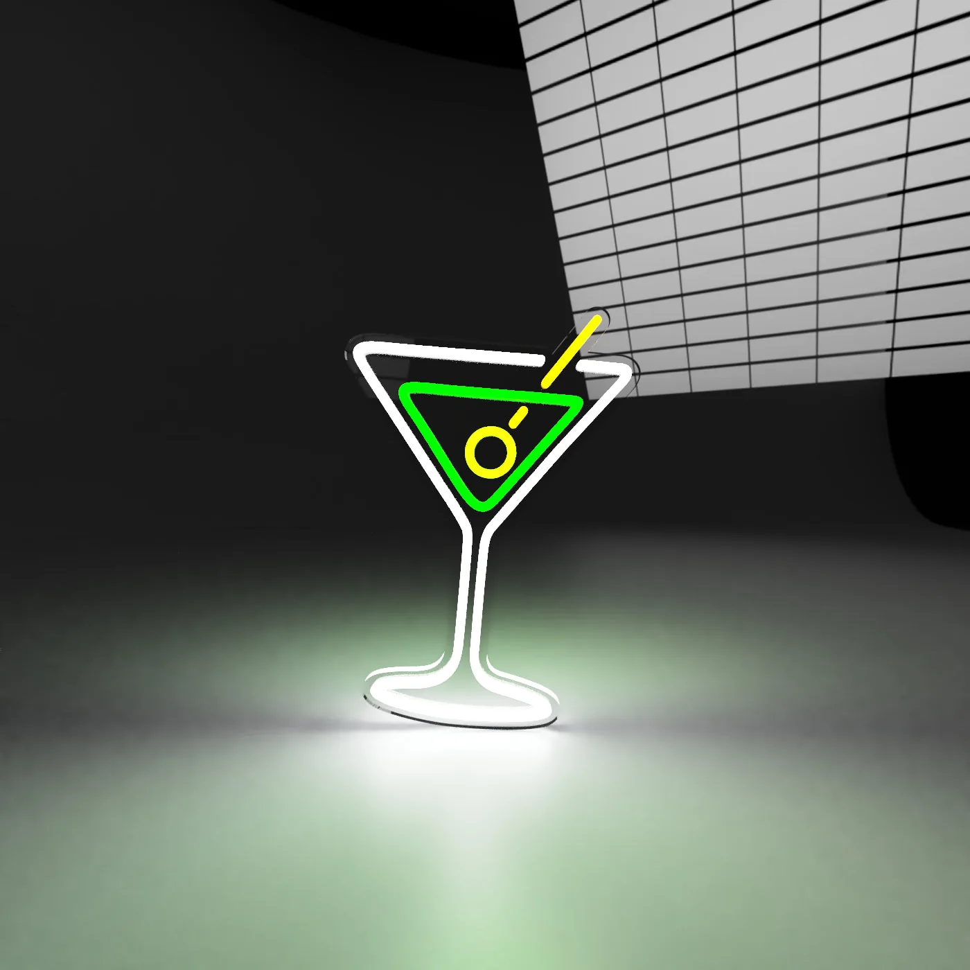 Pahar martini alb Semn neon LED in forma de pahar de martini cu contur alb si masline verzi